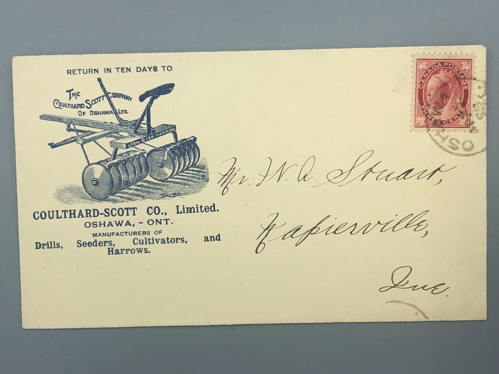 1890s COULTHARD-SCOTT Oshawa Illustrated Postal Cover FARM Advertising LION DISK