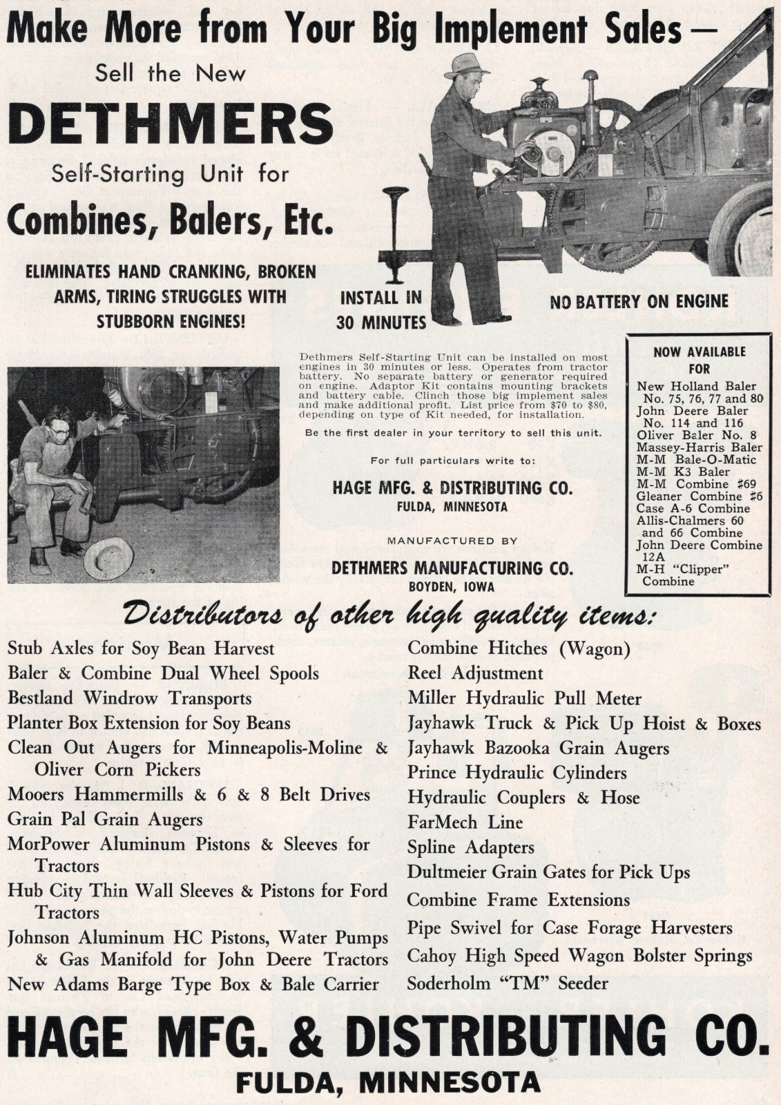 1954 Dealer Print Ad of Hage Mfg Dethmers Self Starting Unit for Balers Combines