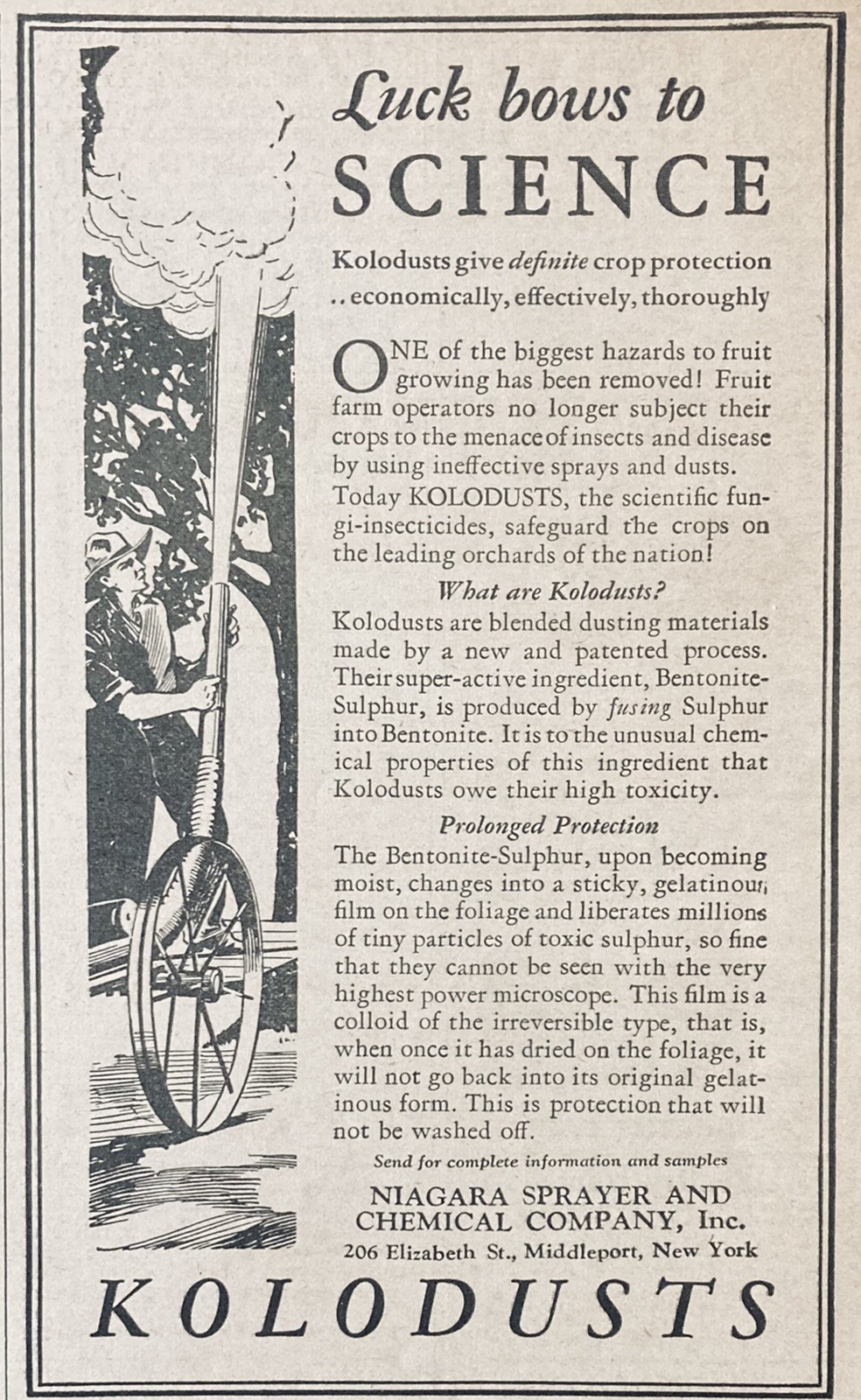 1931 AD.(XH38)~NIAGARA SPRAYER CHEMICAL CO. MIDDLEPORT, NY. KOLODUCTS FOR CROPS