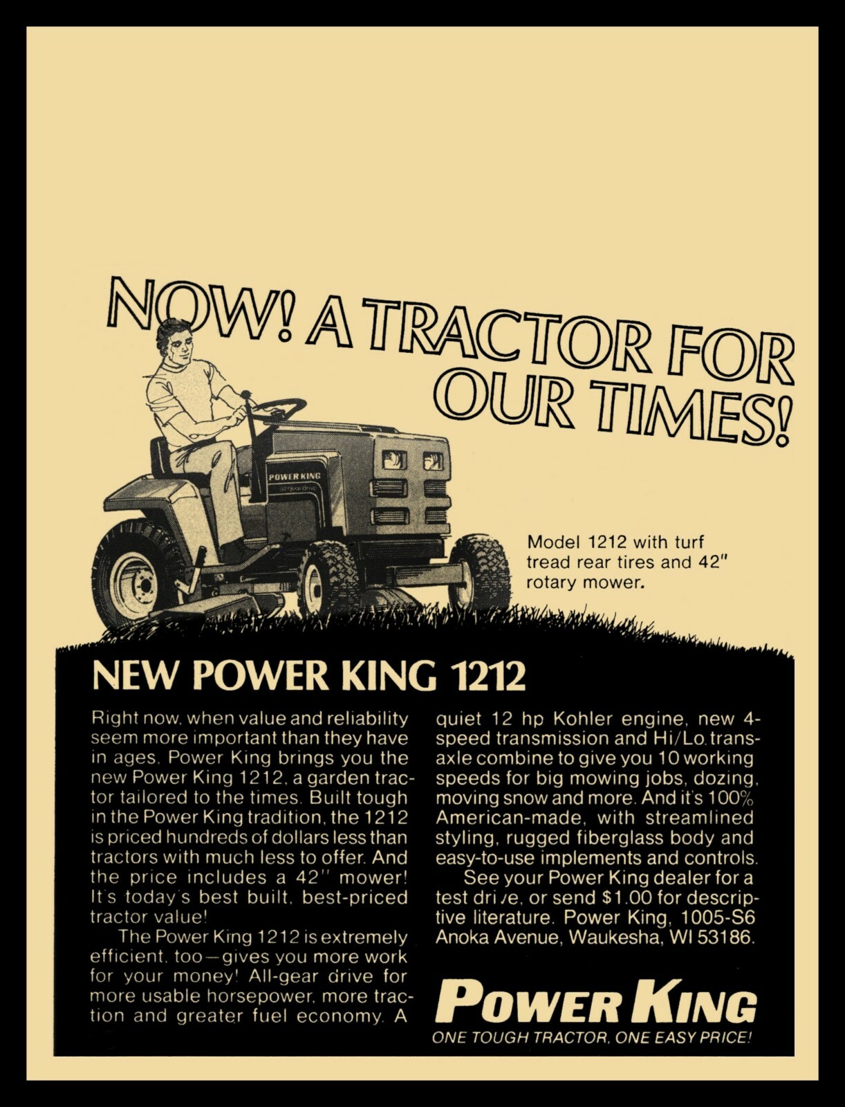 1982 Power King Lawn Tractors NEW Metal Sign: Model 1212, One Tough Tractor