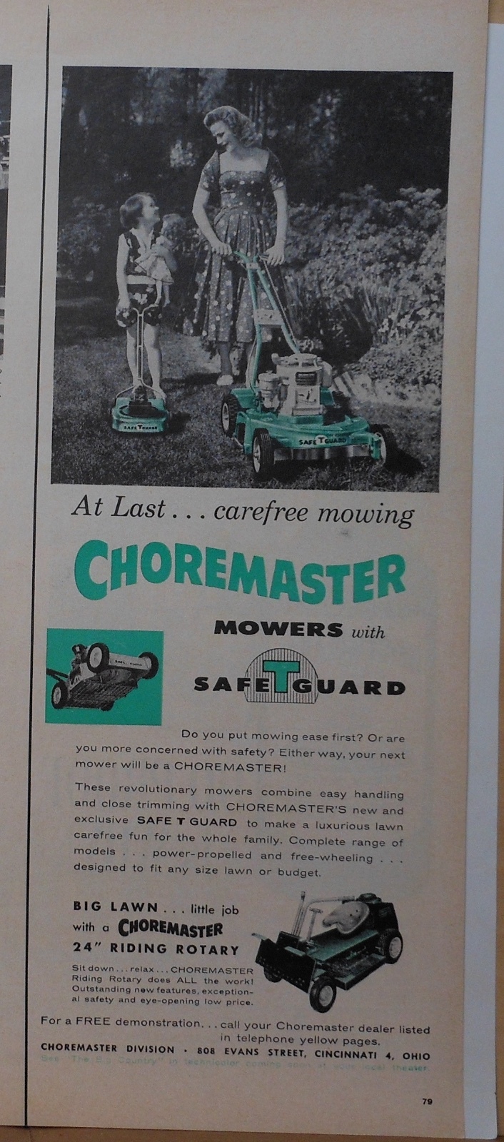 1958 magazine ad for Choremaster Mowers – Mom & little girl mowing the lawn