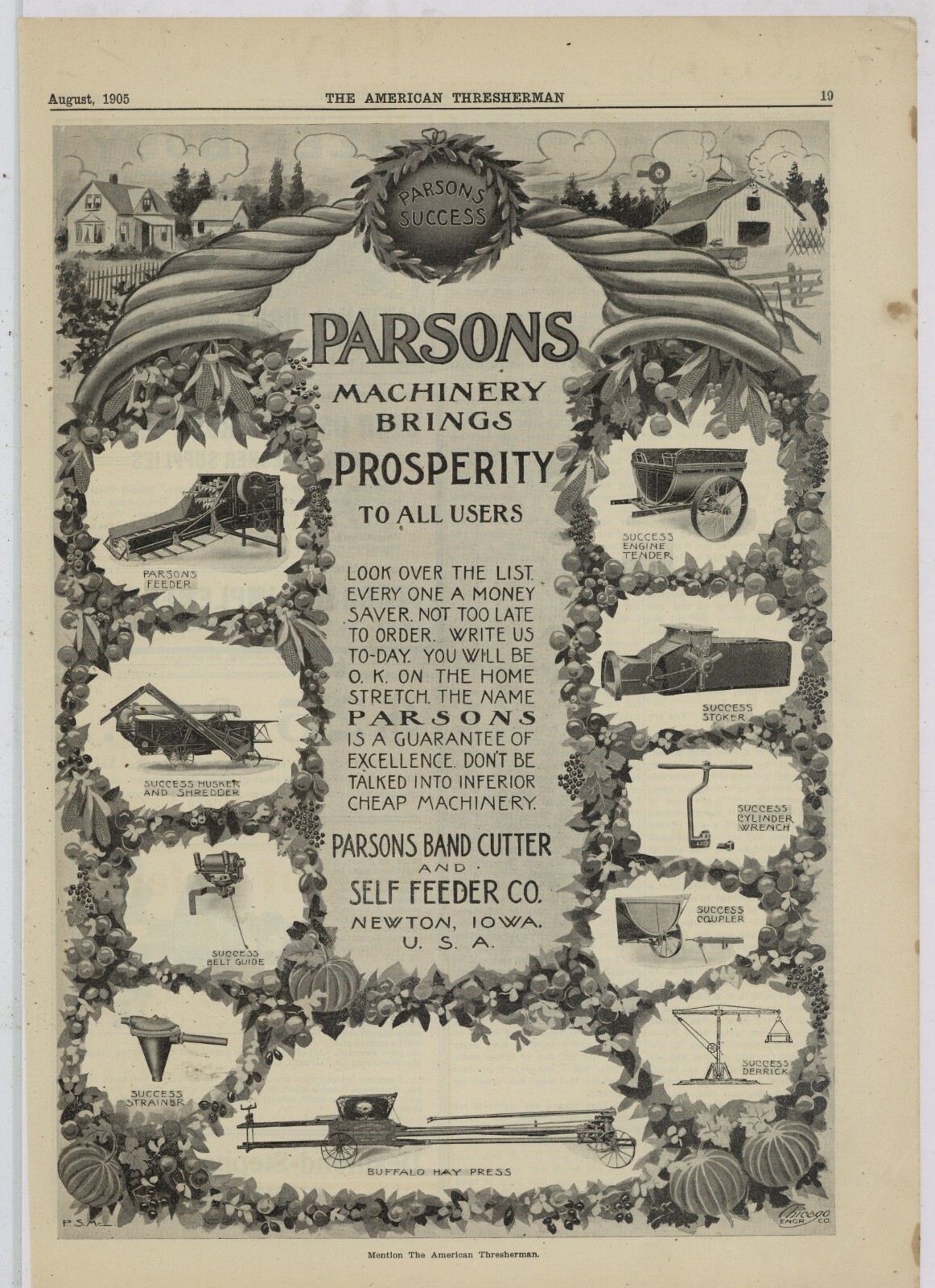 1905 Parsons Band Cutter & Self-Feeder Co. Ad: Prosperity to All! Newton, Iowa