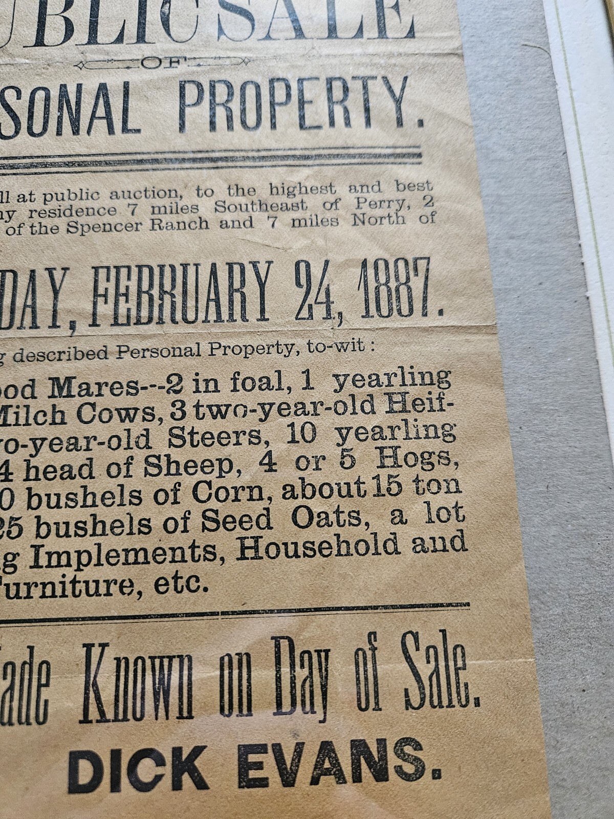 1887 Hand Bill Flyer Farm Auction Dick Evans Michigan Live Stock Equipment