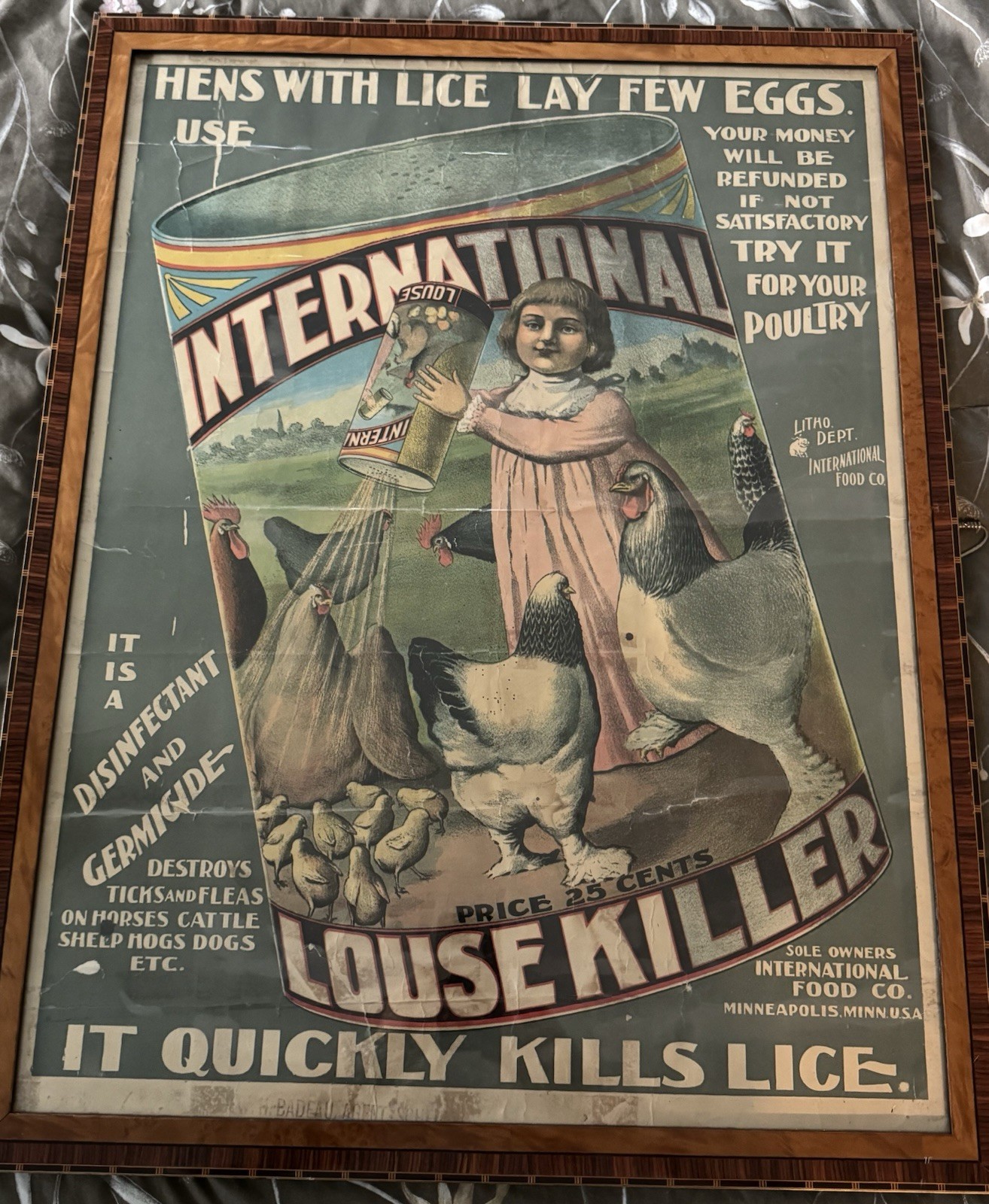 Early 1900’s International Louse Lice Killer Advertising Poster In Maple Frame