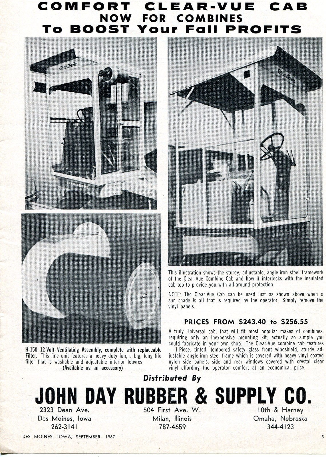 1967 Dealer Print Ad of John Day Rubber Clear-Vue John Deere Tractor Combine Cab