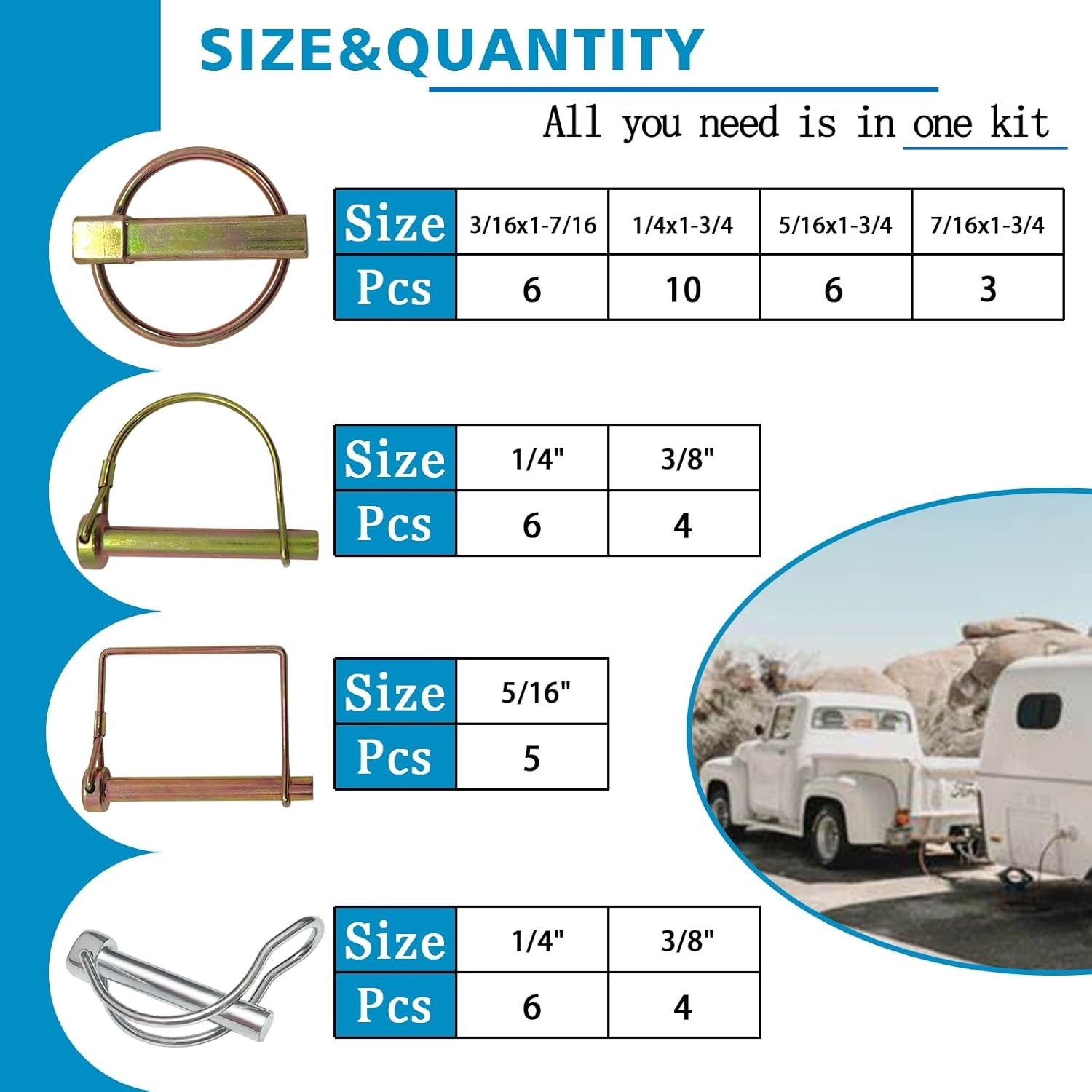 Zinc Plated Steel Hitch Pin Clip Kit 202 Pieces for Trailers Tractors Mowers