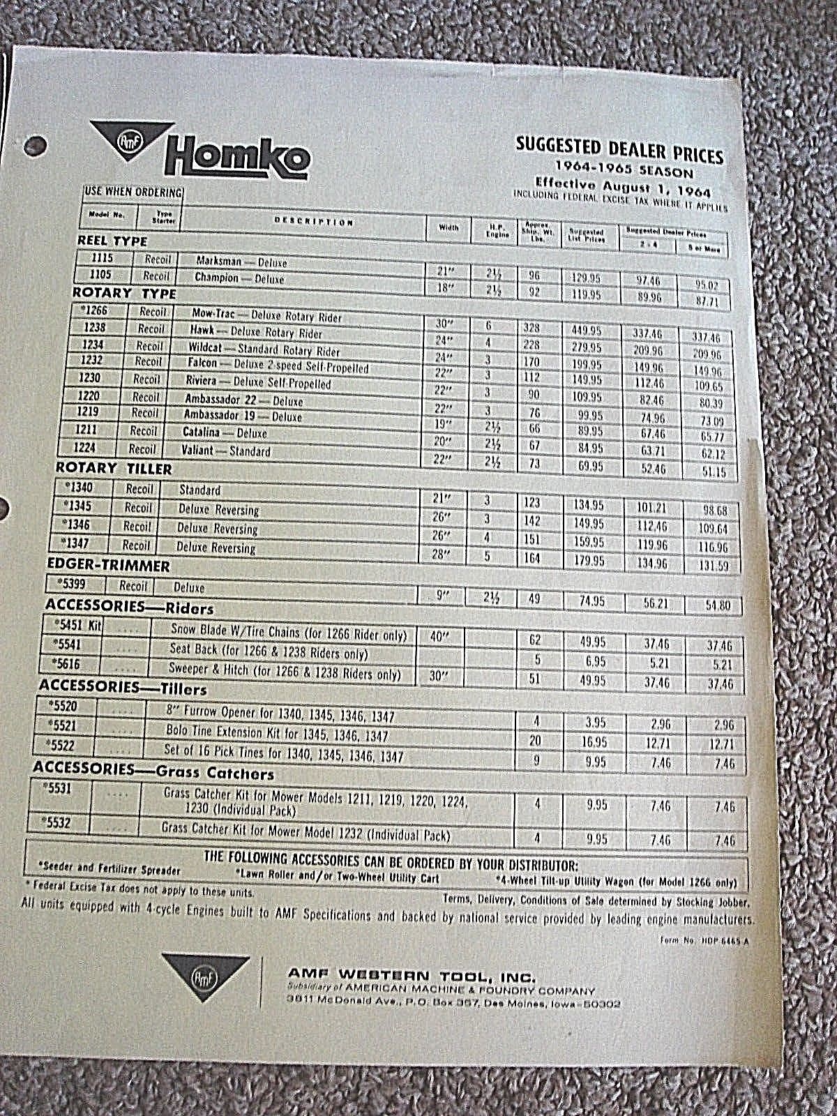 VINTAGE HOMKO 1964-1965 LAWN MOWER TRACTOR TILLER DEALER SALES BROCHURE LOT #3