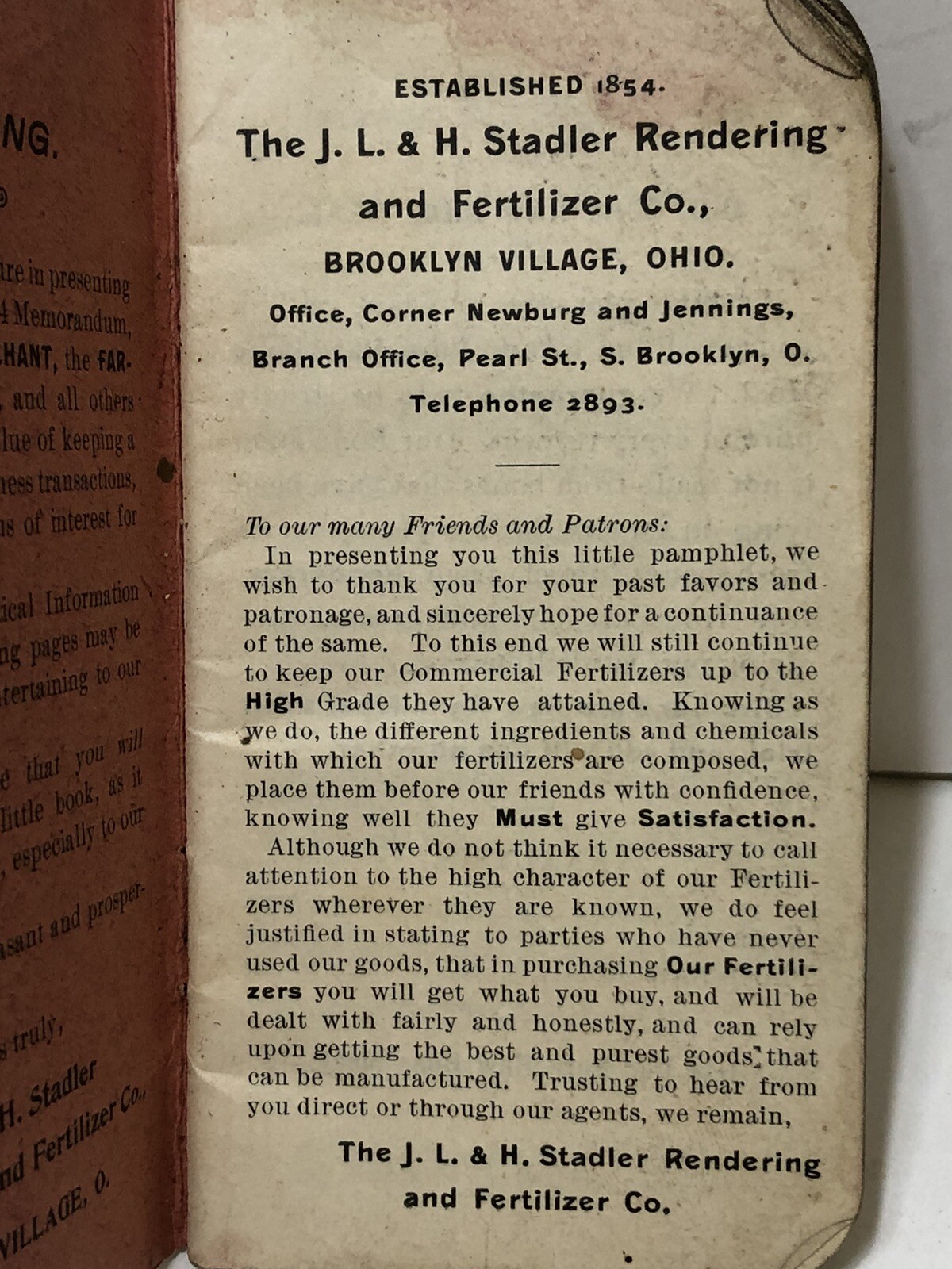 Rare Antique 1894 J L and H STADLER RENDERING CO Note Pad BROOKLYN VILLAGE OHIO