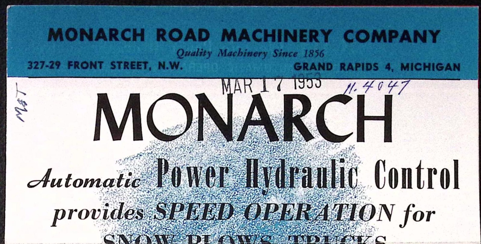 1953 Monarch Power Hydraulic Control for Snow Plows Trucks Tractors Brochure