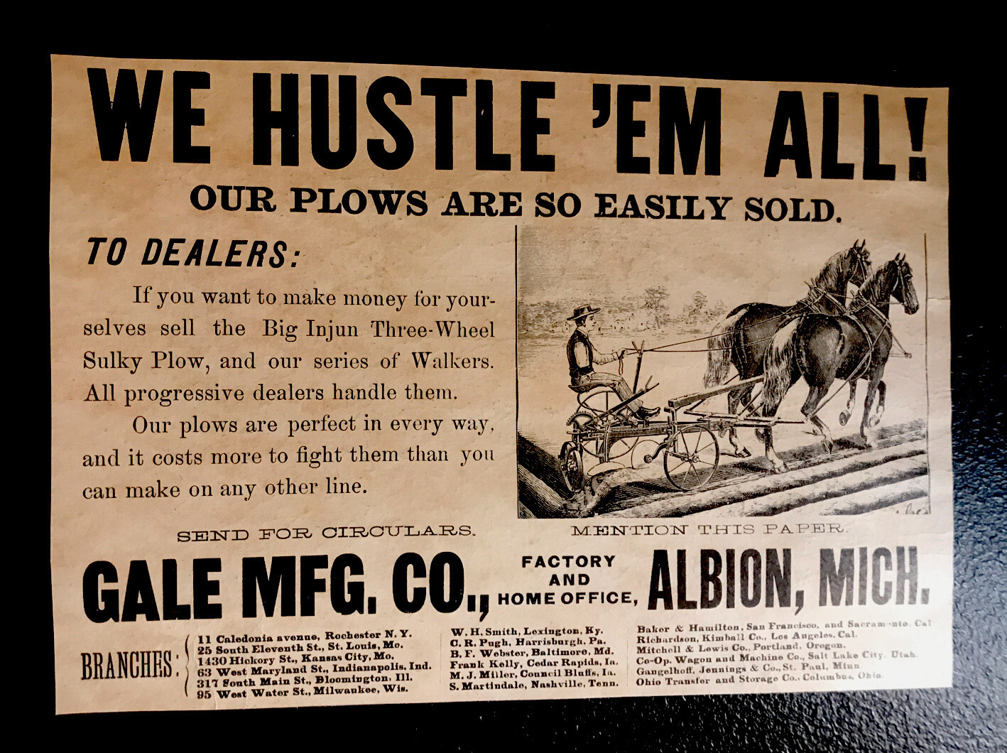 1889 Gale Plow Implement Farm Advertising – Albion – Michigan