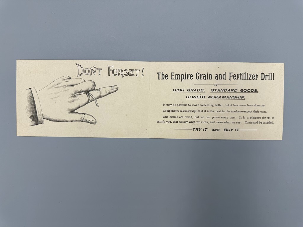 1880s EMPIRE DRILL Victorian FARM HORSE Advertising Trade Card SHORTSVILLE NY