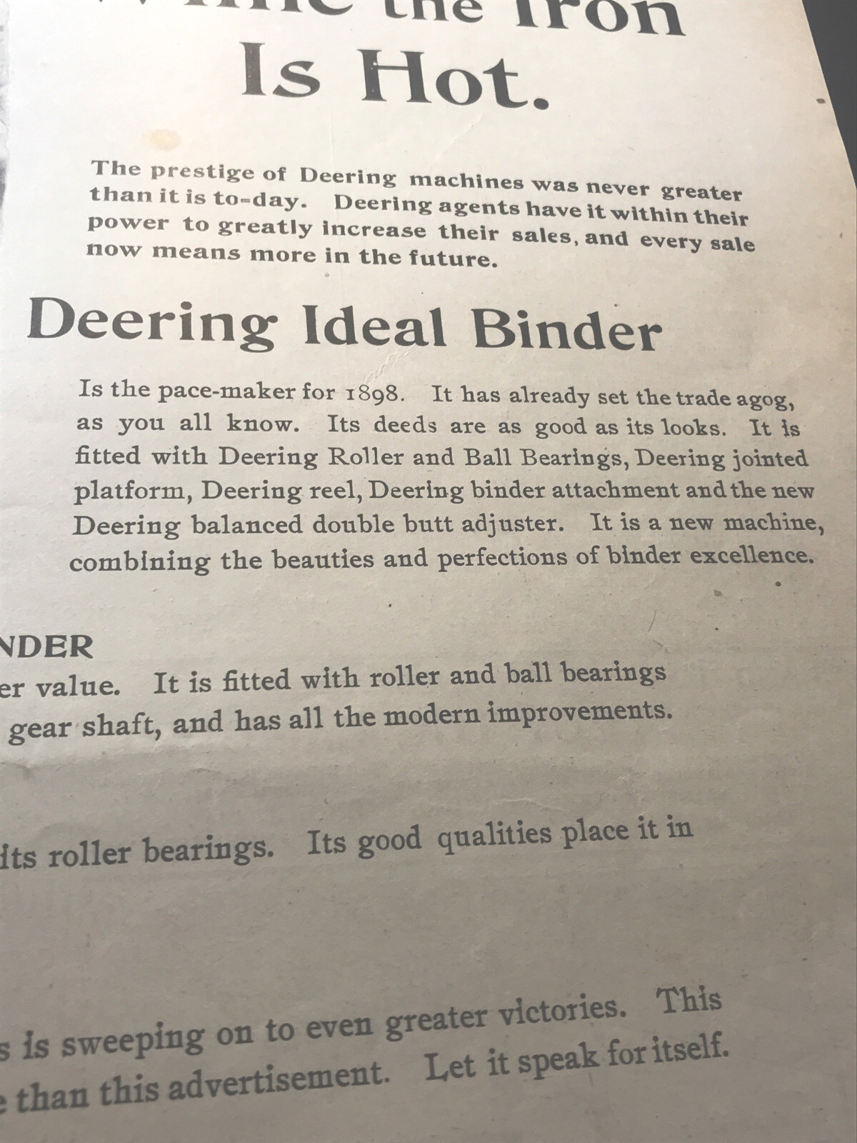 ORIGINAL 1897 Deering Harvester Farm Binder Advertising – Chicago – 10” X 14”