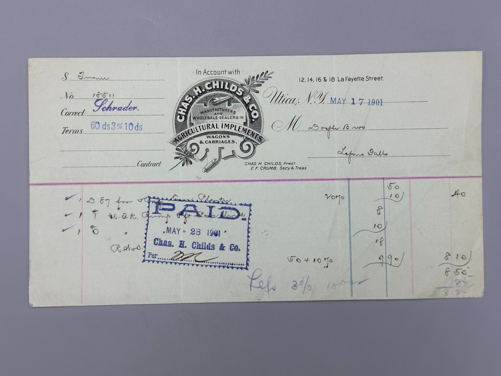 1901 CHILDS Co WAGONS CARRIAGES Farm Advertising UTICA NY Invoice Antique