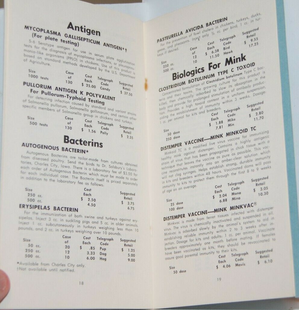 Vintage 1965 Dr Salsbury&rsquo;s Dealer Price List Supplies for Poultry Swine Mink etc