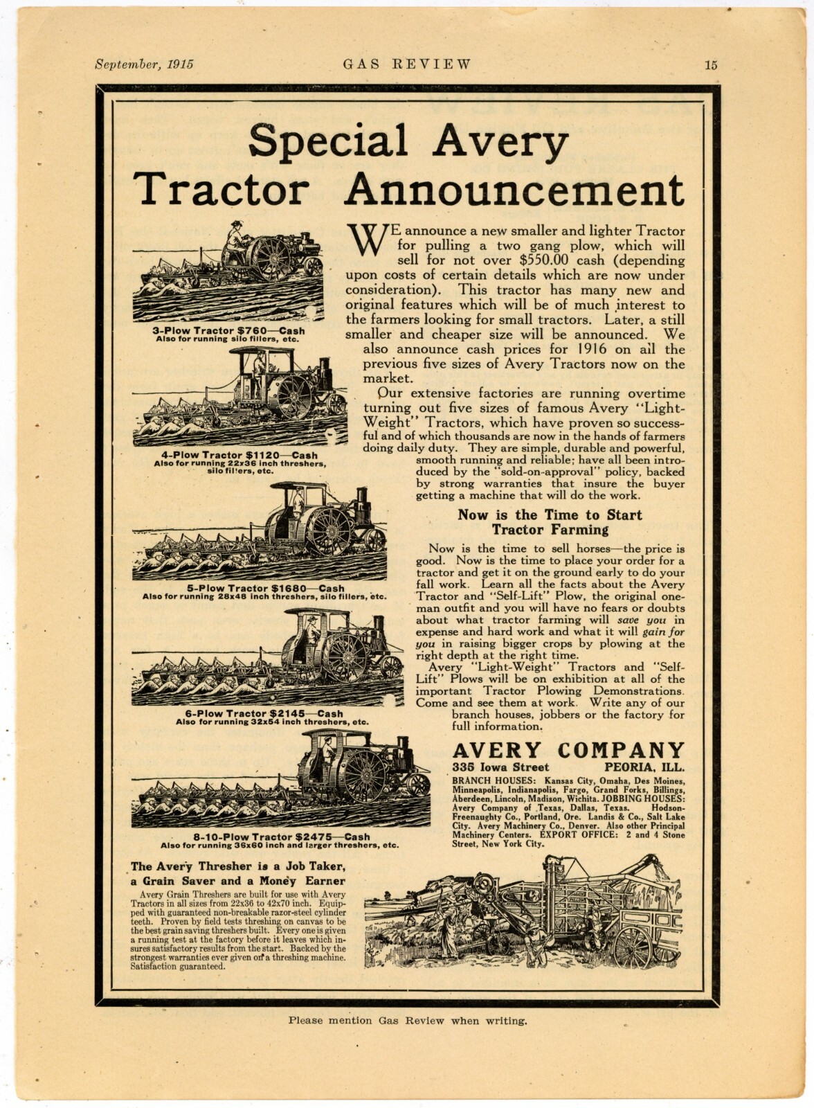 1915 Avery Tractors Ad: Three to Ten Plow Size The Avery Co. – Peoria, Illinois