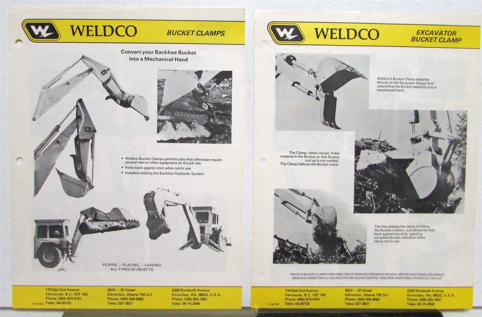 Vintage Weldco Excavator Bucket Clamps Attachment Construction Sales Sheets