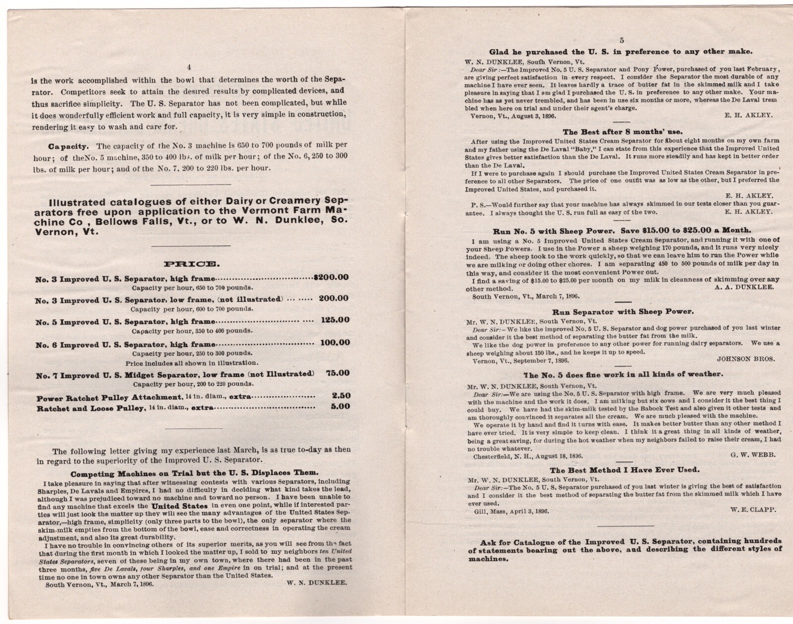 TWO 1890s CREAM SEPARATOR BROCHURES VT. FARM MACHINE CO DAIRY ACME STEAM ENGINE