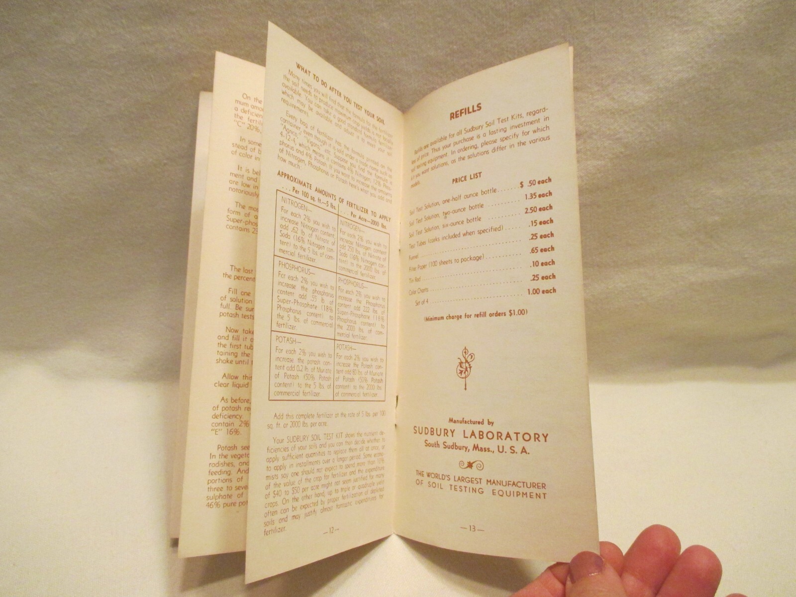 Instructions for Soil Testing-Sudbury Garden Soil Test Kit Vintage Booklet