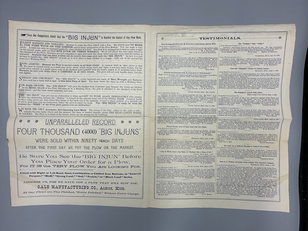 1888 GALE PLOW Big Injun FARM Advertising ALBION Michigan Circular