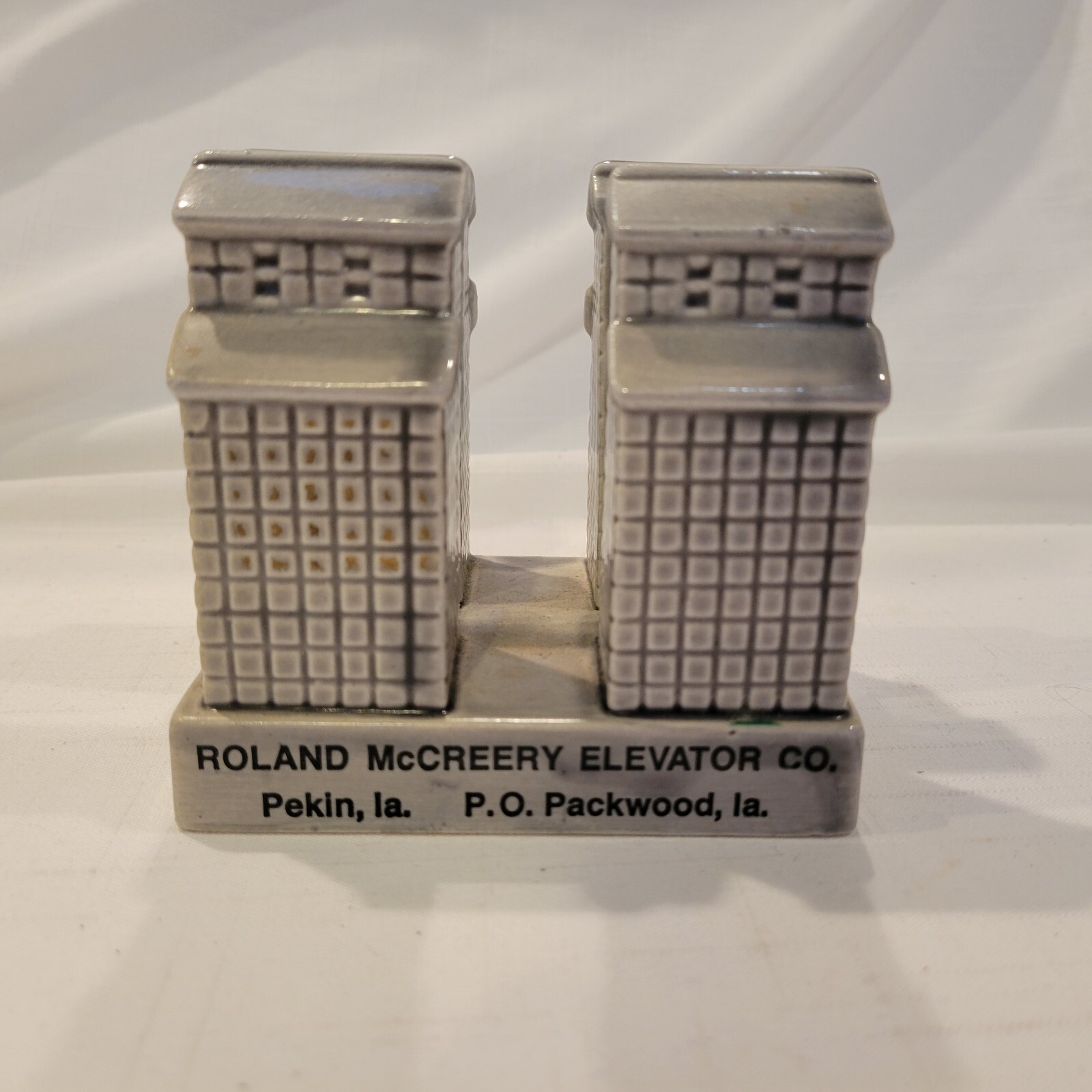 Pekin Iowa Grain Elevator Napkin Holder Ceramic Advertising Roland MCreery Co.