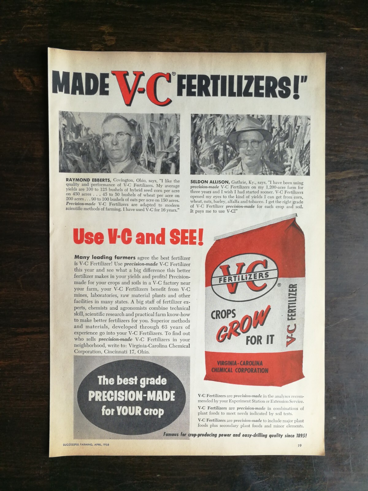 Vintage 1958 VC Farm Fertilizers Full Page Original Ad