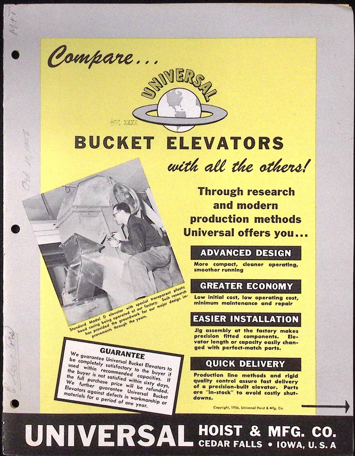 1956 Universal Hoist & Mfg Co Agricultural Bucket Elevators Dealer Brochure