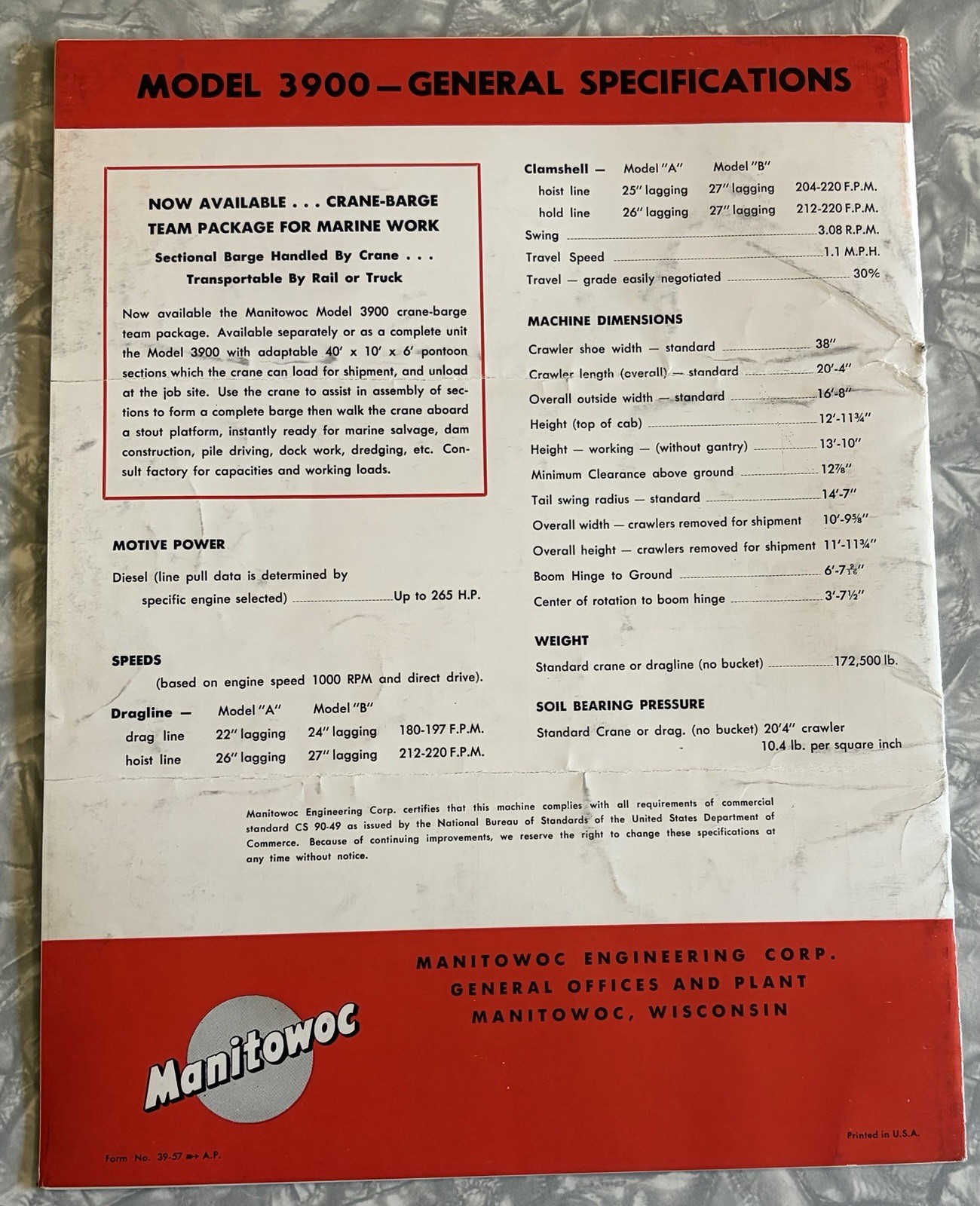 1957 MANITOWOC 3900 3.5 YD DRAGLINE 80 TON LIFTCRANE CRANE 16 PG SALES BROCHURE