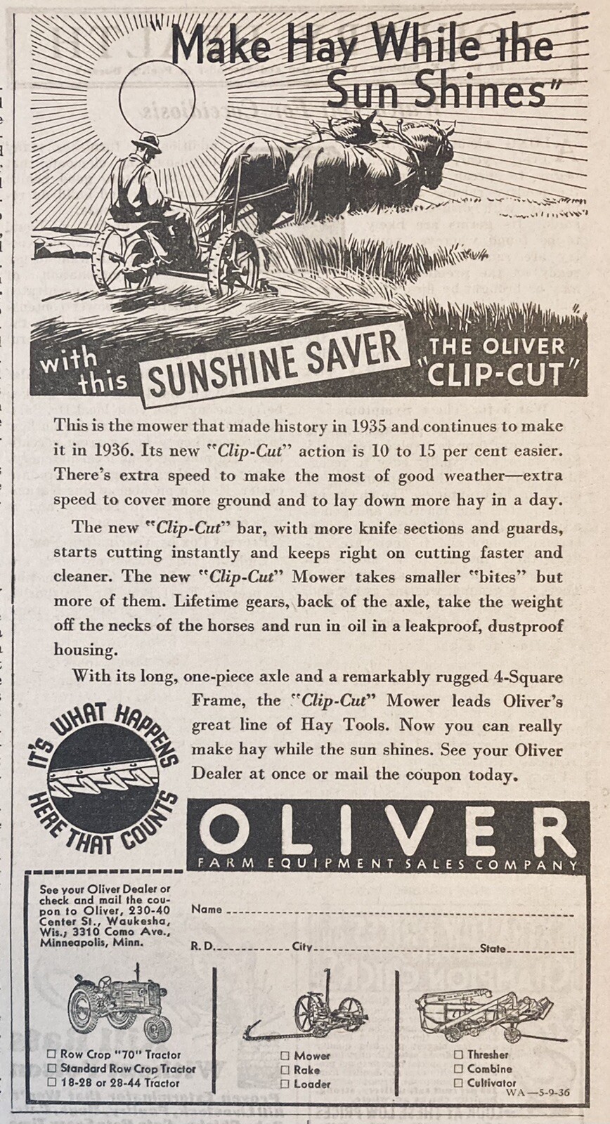 1936 AD.(XH18)~OLIVER CO. WAUKESHA, WIS. OLIVER “CLIP-CUT” MOWER BAR HAY TOOLS