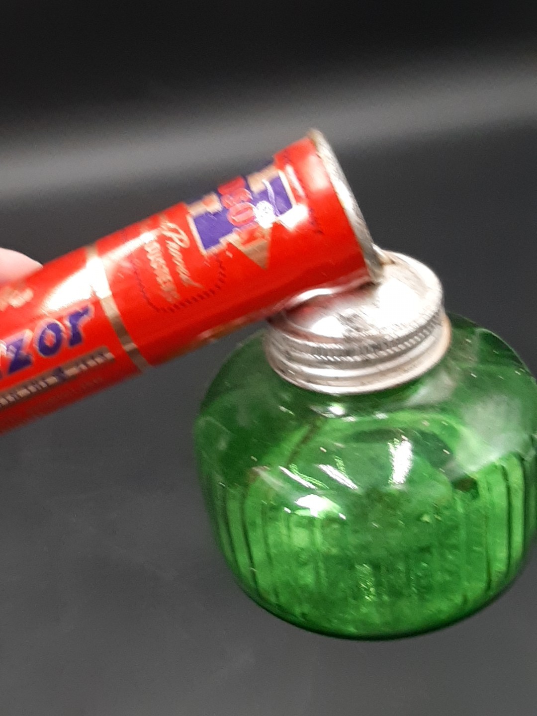 Vintage Hudson Pump Duster Bug Sprayer Green Glass Bottle Jar Metal Wood Fogger