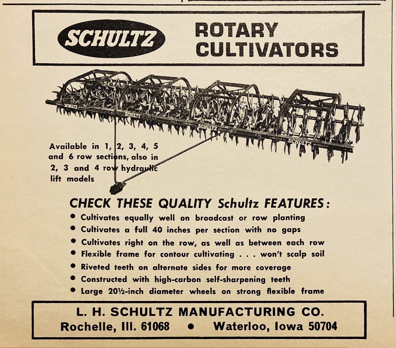 1969 AD.(XH78)~L.H. SCHULTZ MFG. CO. ROCHELLE, ILL. SCHULTZ ROTARY CULTIVATORS