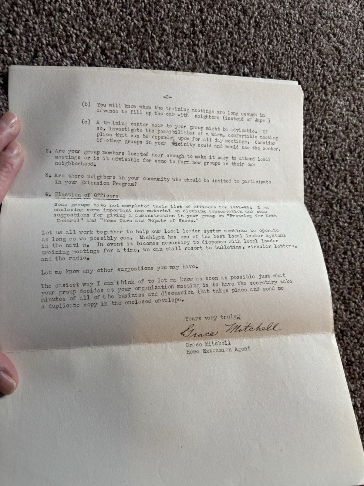 1942 Letter Cooperative Extension Work In Agriculture & Home Economics MI State