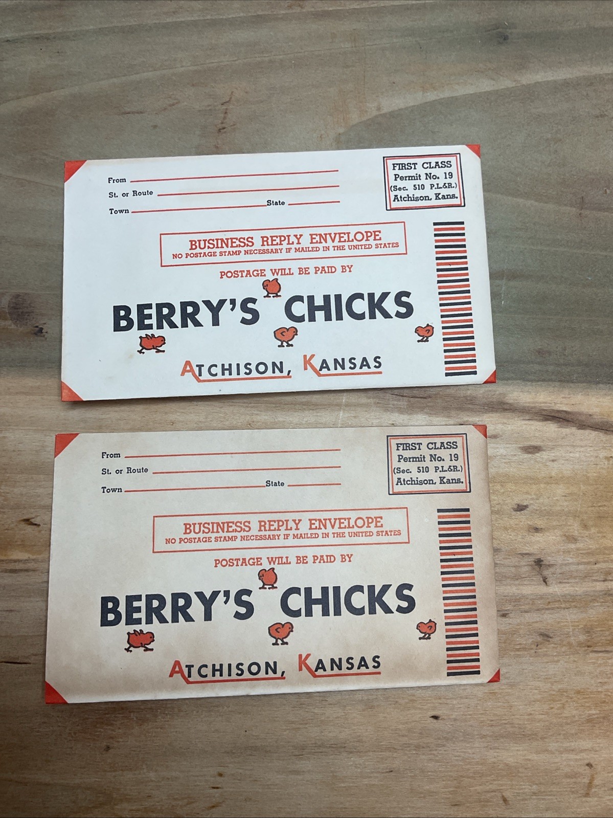 1940s Berrys Chicks Atchison Kansas Poultry Return Envelopes Advertise B26