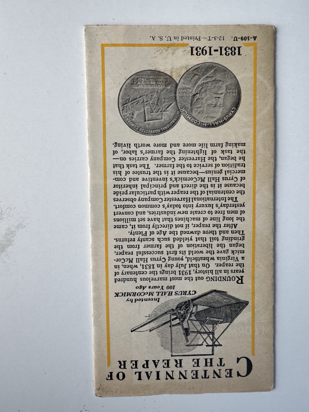 McCormick Searing 1831 1931 Corn Planter Brochure Color Illus Fold Out Farm