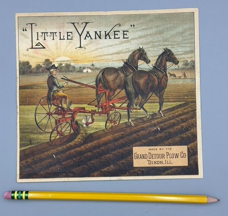 1888 GRAND DETOUR PLOW Little Yankee FARM Antique Advertise TRADE CARD Dixon IL