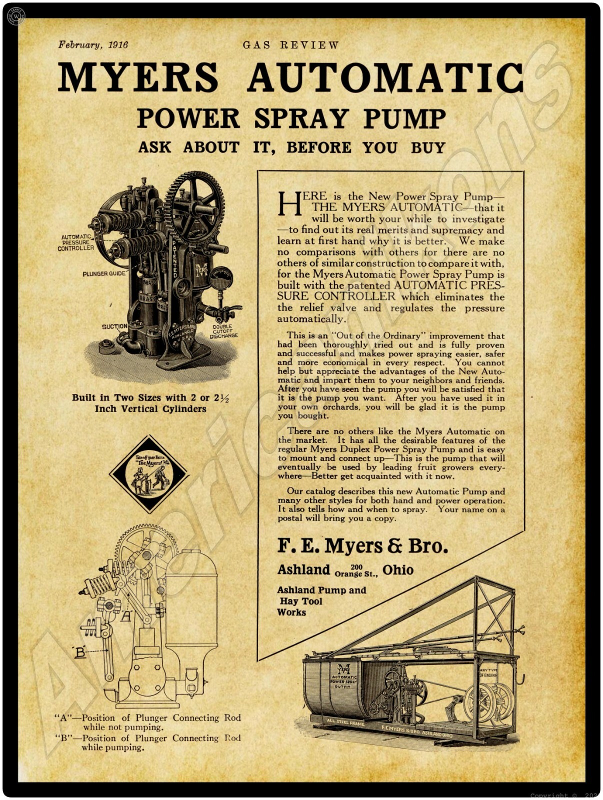 1916 Myers Automatic Spray Pump of Ashland, OhiO New Metal Sign: Large Size