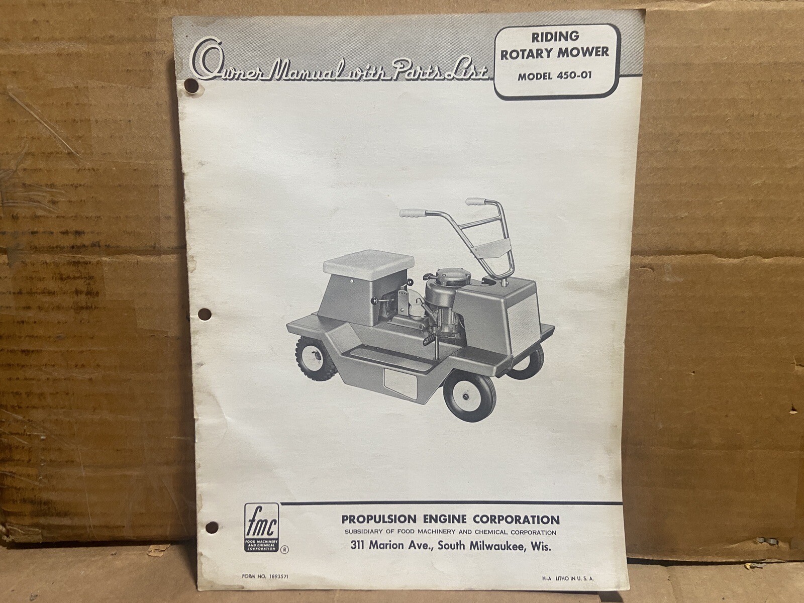 Propulsion Engine Corp. Model 450-01 Riding Mower — Owners Manual w/ Parts List