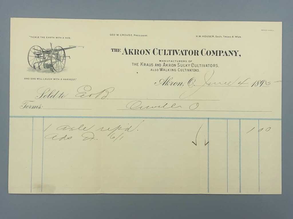 1895 AKRON CULTIVATOR Sulky KRAUS Plow Antique Receipt FARM Advertising Ohio