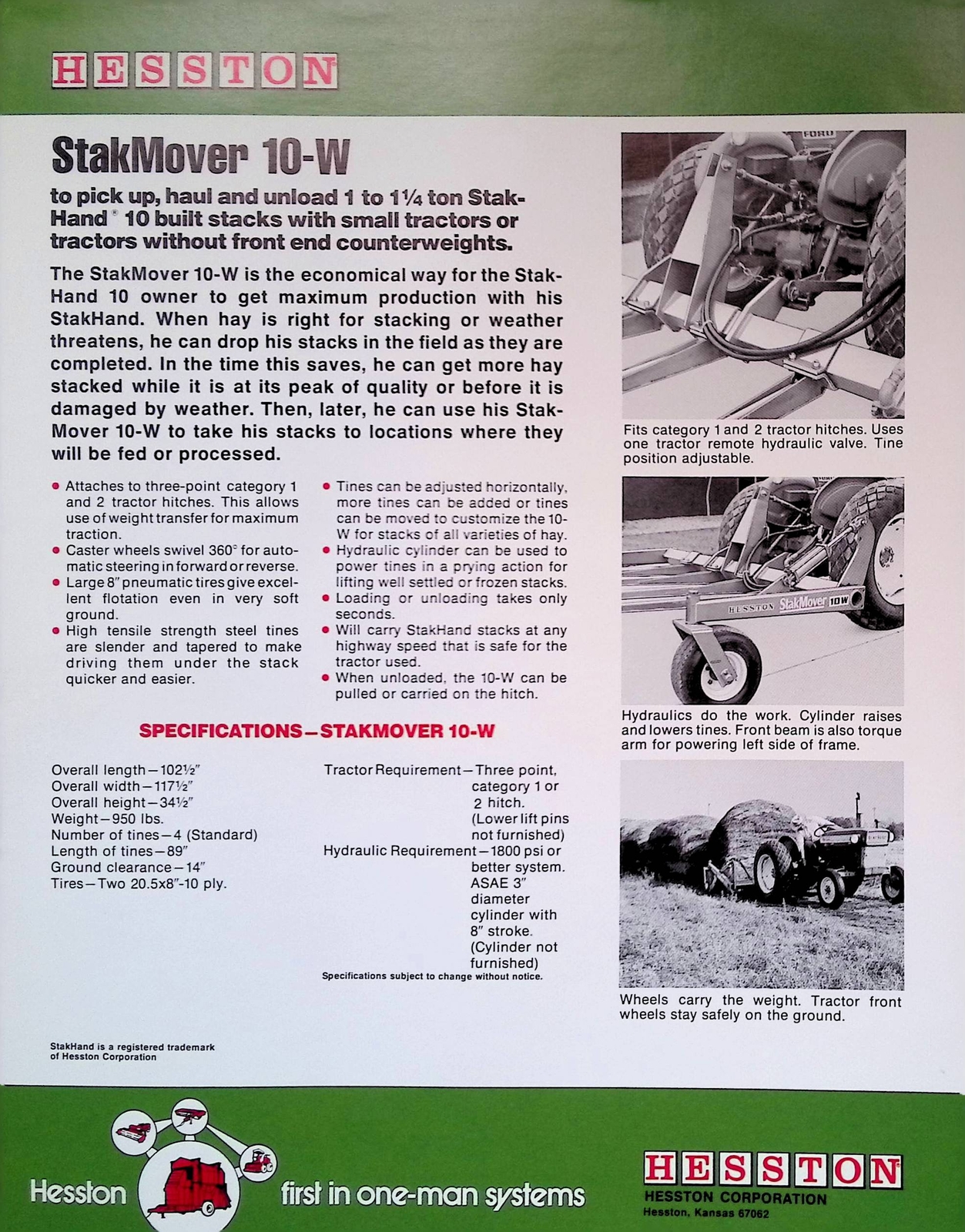 Vintage Farm Advertisement Spec Sheet HESSTON StakMover 10W One Man Stacks Tract