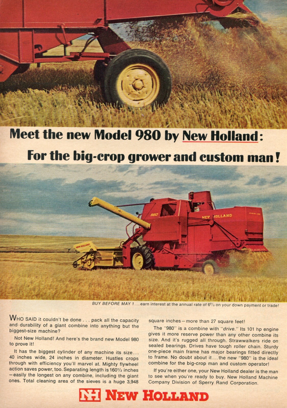 1966 Print Ad of Sperry Rand New Holland NH Model 980 Farm Tractor Combine