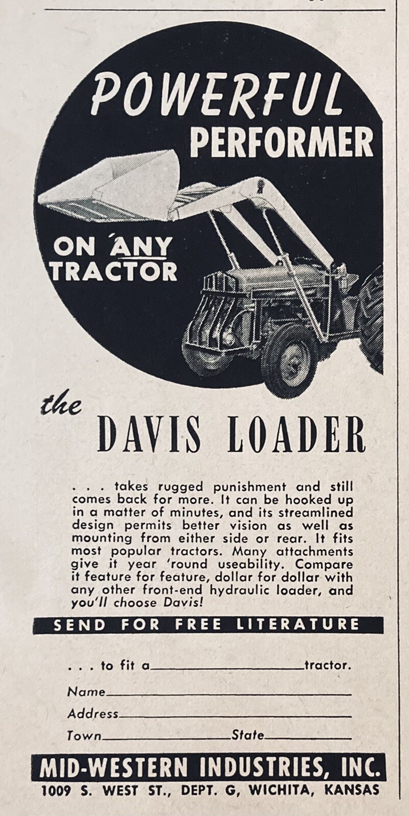 1954 AD.(XH53)~MID-WESTERN INDUSTRIES, INC. WICHITA, KS. DAVIS TRACTOR LOADER