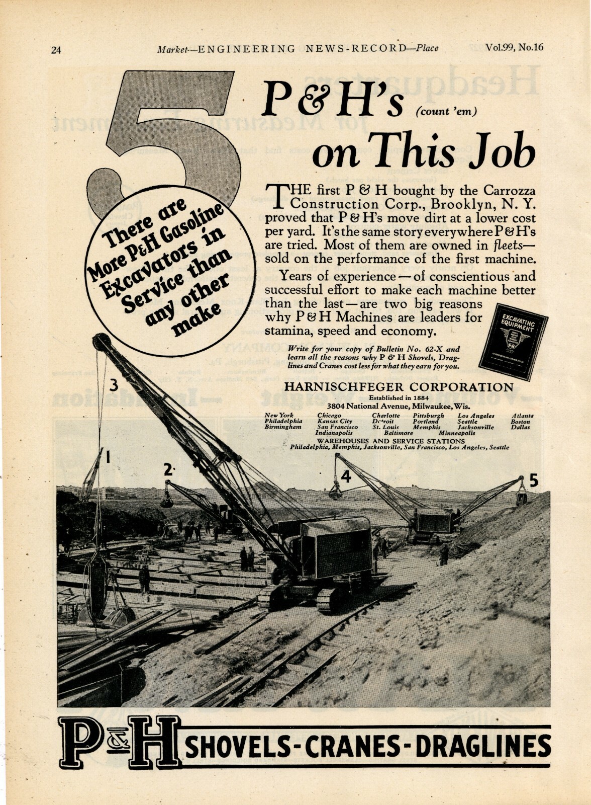 1927 P & H Harnischfeger Crane, Shovel Ad: Carrozza Construction Co. Brooklyn NY