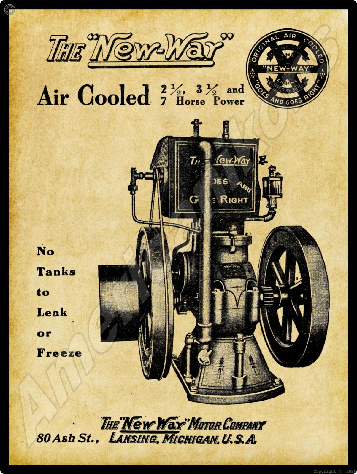 1908 New Way Motor Company New Metal Sign: Goes and Goes Right! Lansing, MI