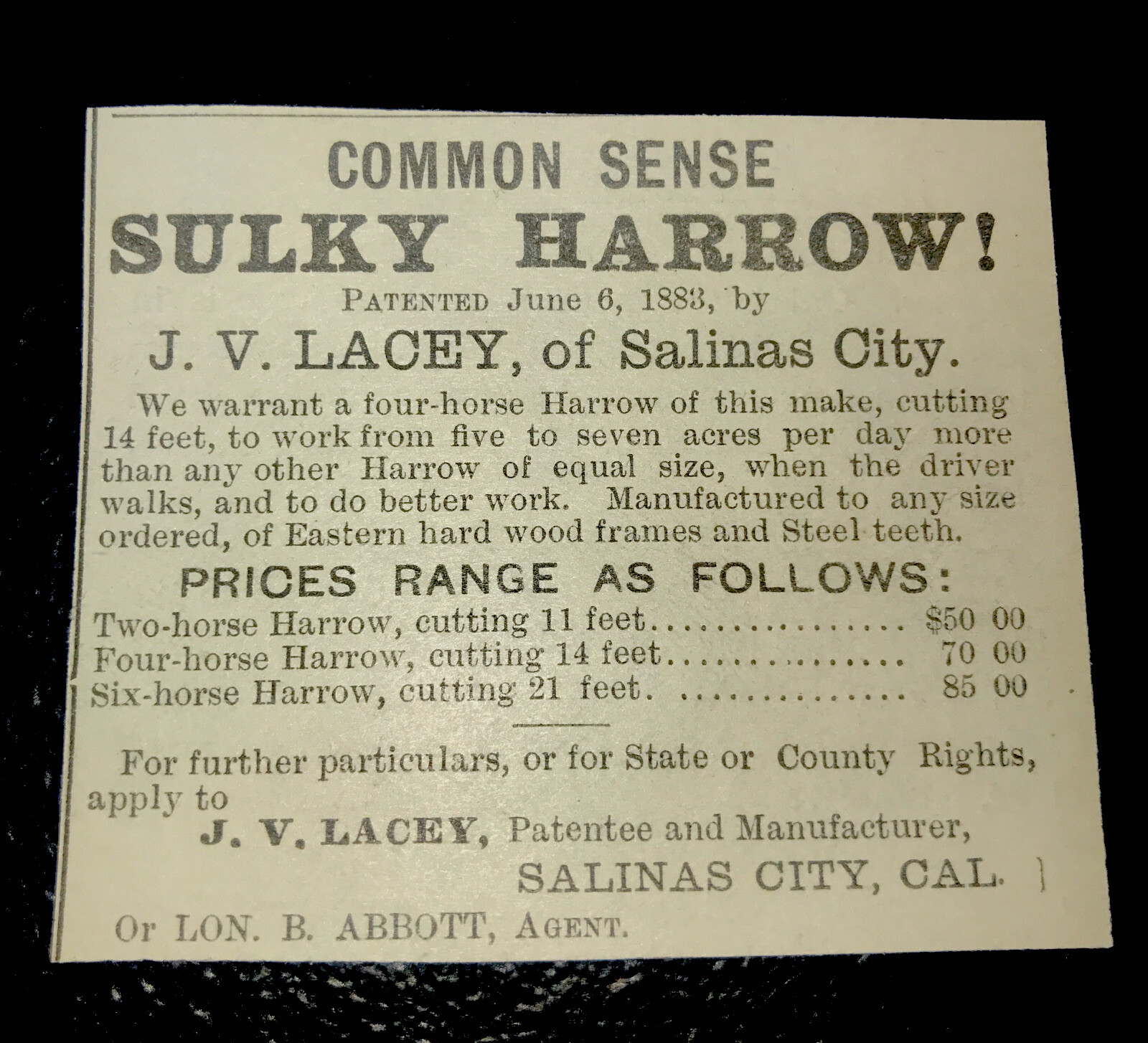 1883 Common Sense Sulky Harrow Farm Advertising – Salinas City – California