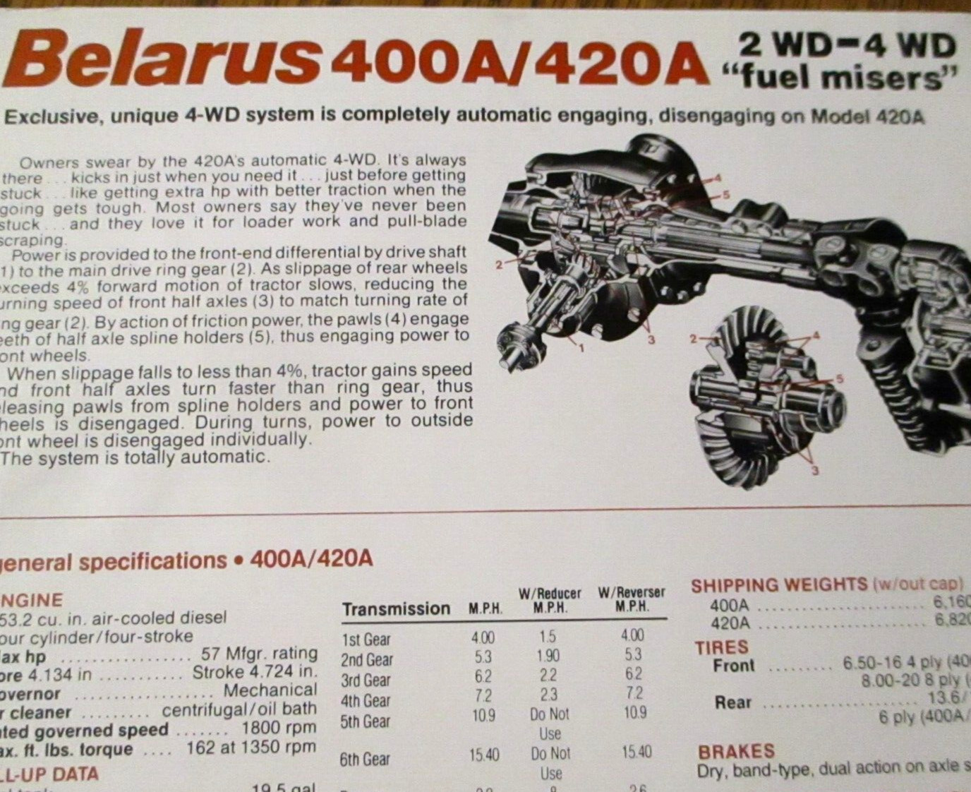 Belarus 400A & 420A Tractors Dealer Spec Sheet Sales Literature Sales Brochure