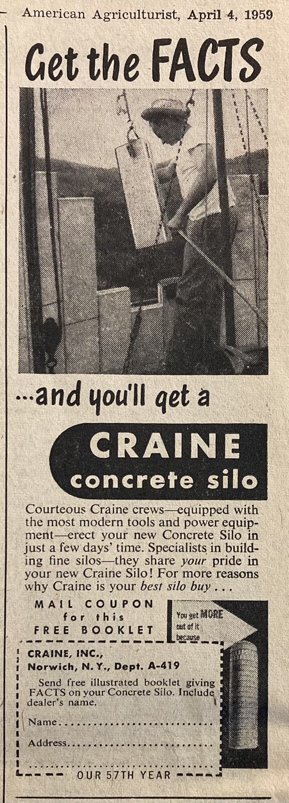 1959 AD.(XH62)~CRAINE, INC. NORWICH, NY. CRAINE CONCRETE SILOS