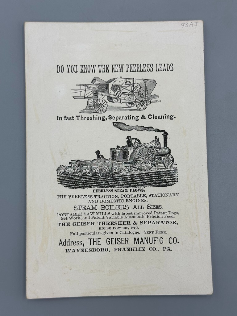1880s PEERLESS STEAM ENGINE Geiser THRESHER Farm Advertise Trade Card WAYNESBORO