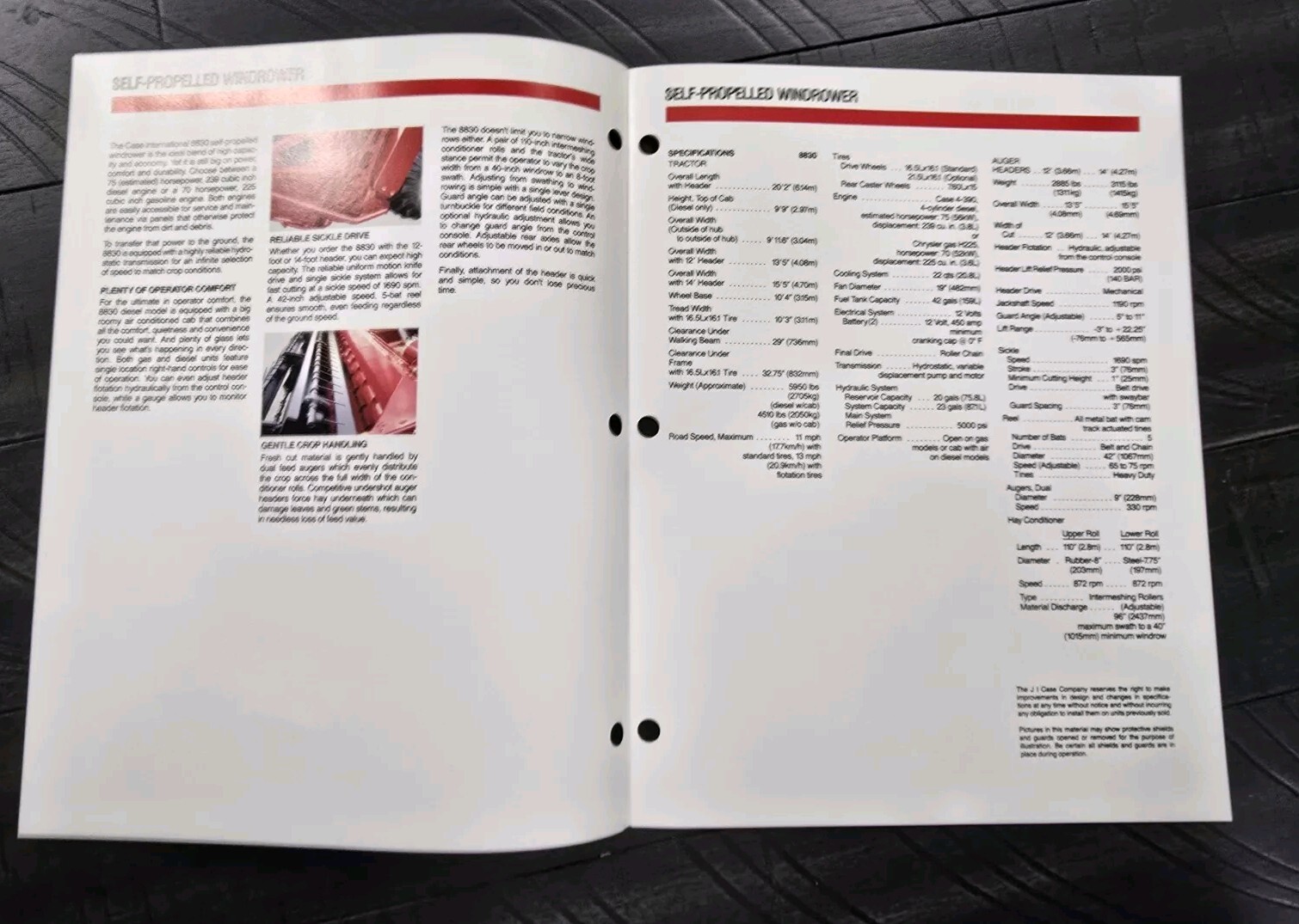 1990s 8830 Self Propelled Windrower Spec Sheet Case IH International Harvester