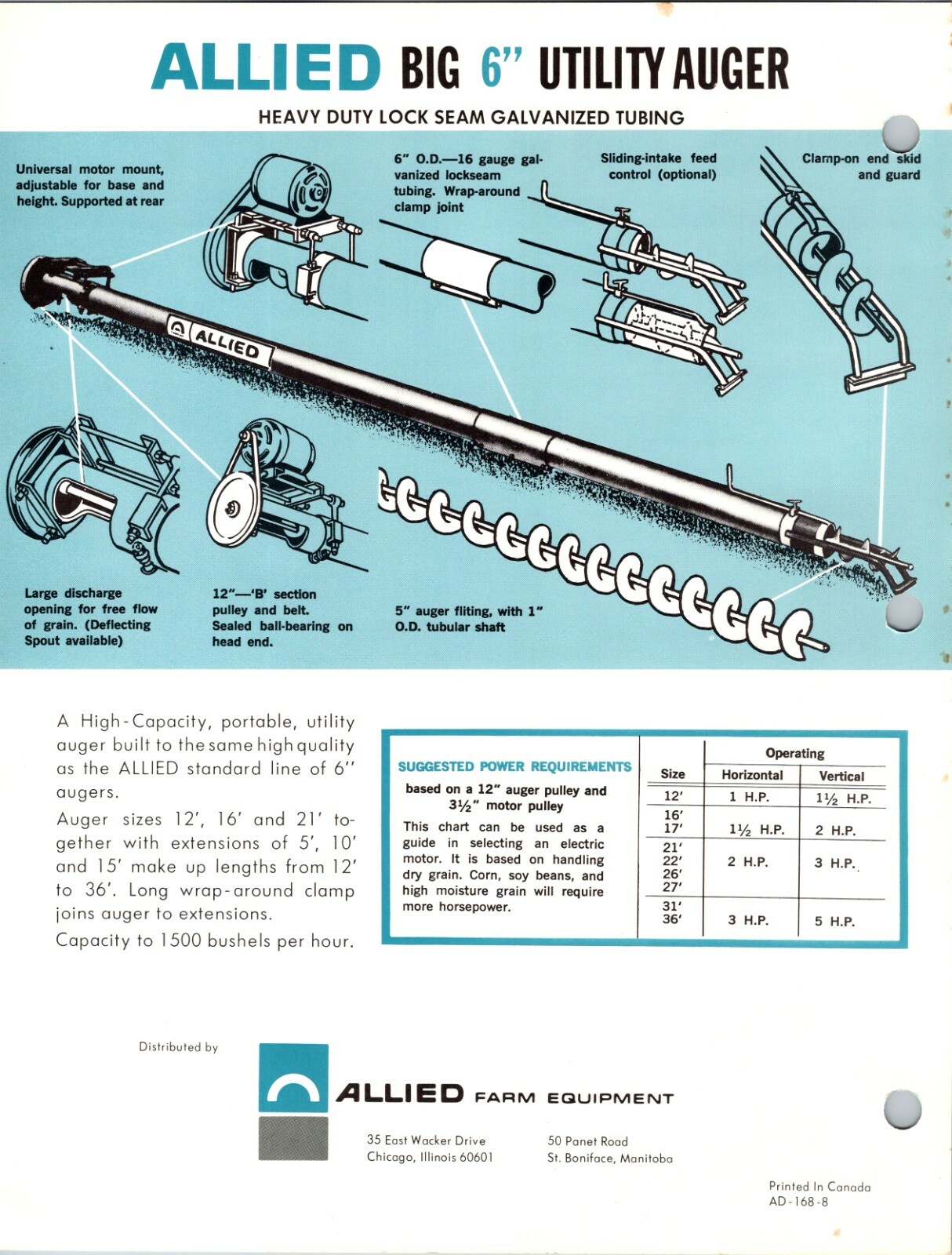 Vintage Allied 4&Prime; 5&Prime; Grain Augers Chicago IL Sales & Dealer Advertising Brochure