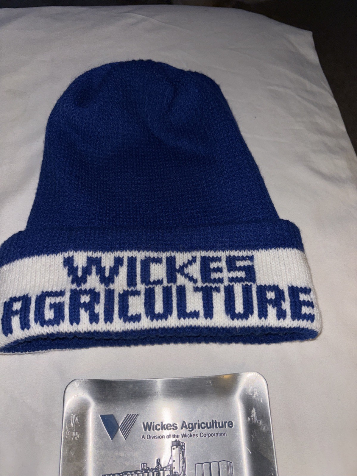 Vtg WICKES AGRICULTURE Advertising Blue/White Knit Stocking Cap & 5×4” Ash Tray