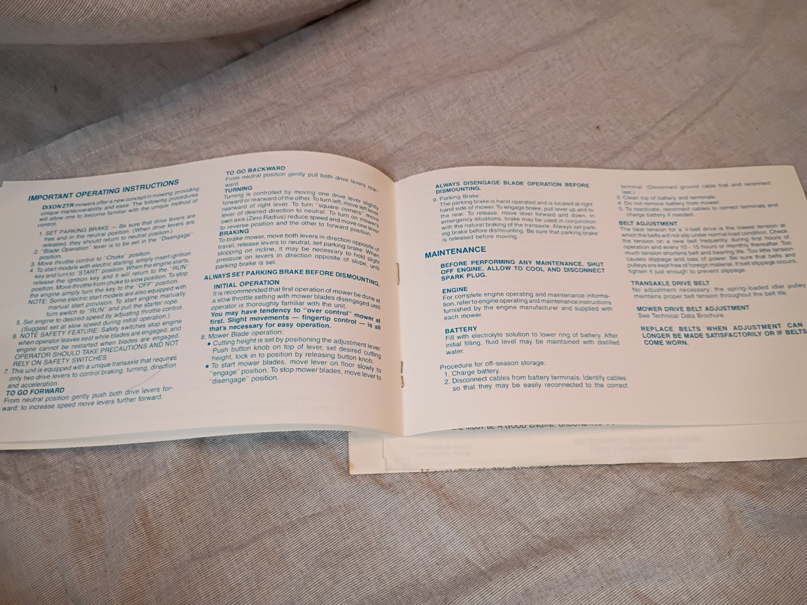 Dixon Zero Turn Mower ZTR-426 Operator&rsquo;s manual and repair sheets VTG